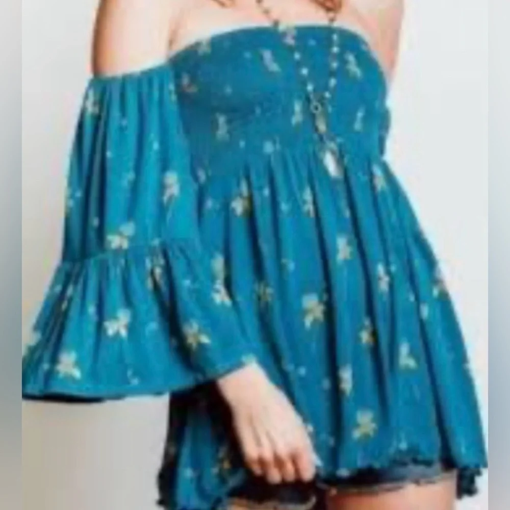 Free People Blue Floral Off-Shoulder Blouse